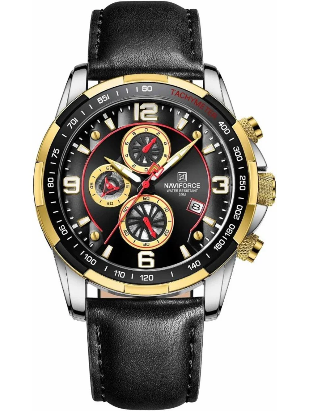 Men's Gold Black Analog Quartz Chronograph Leather Strap Fashion Wrist Watch